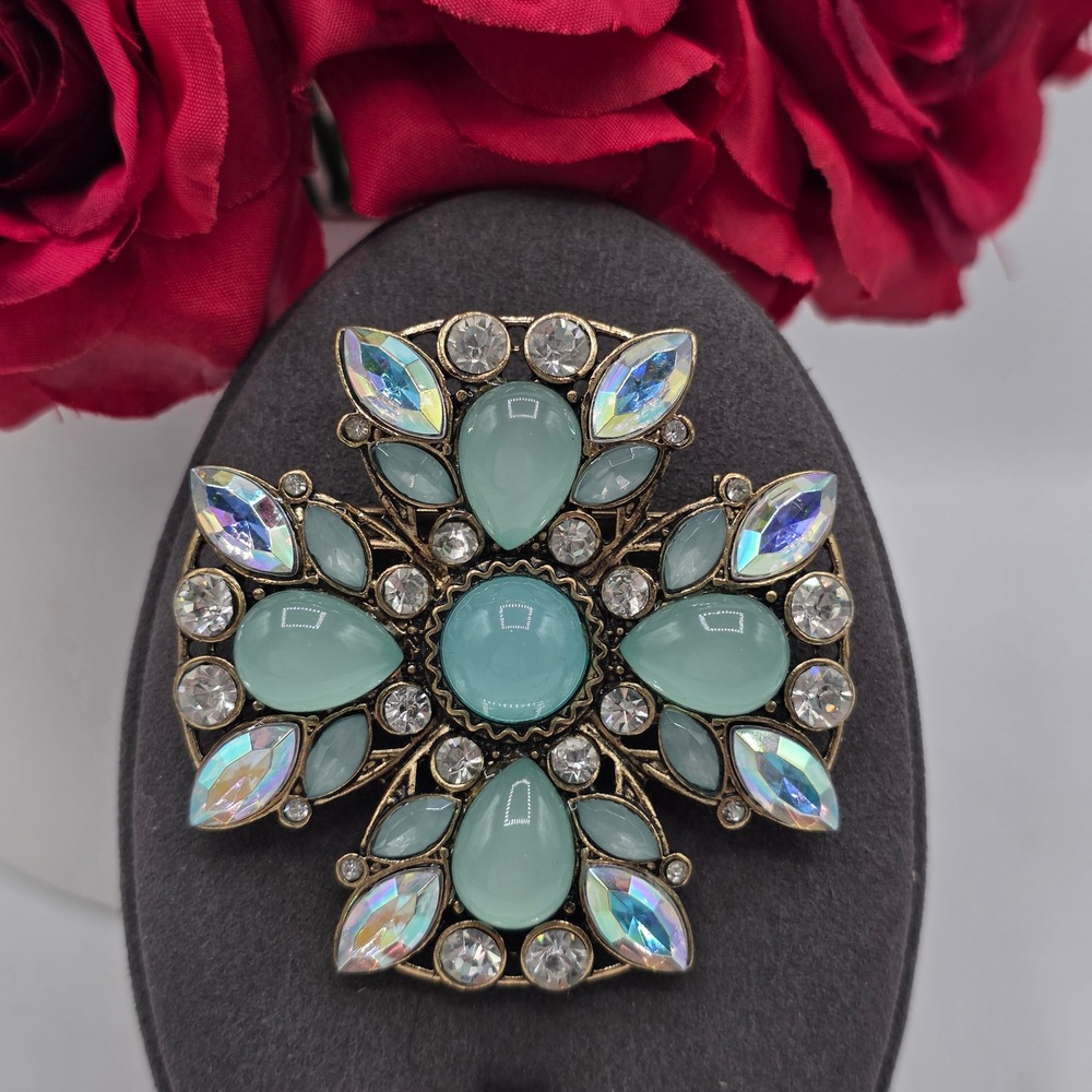 Vintage Style Seafoam Green Maltese Cross Brooch Aurora Borealis Rhinestone Gold